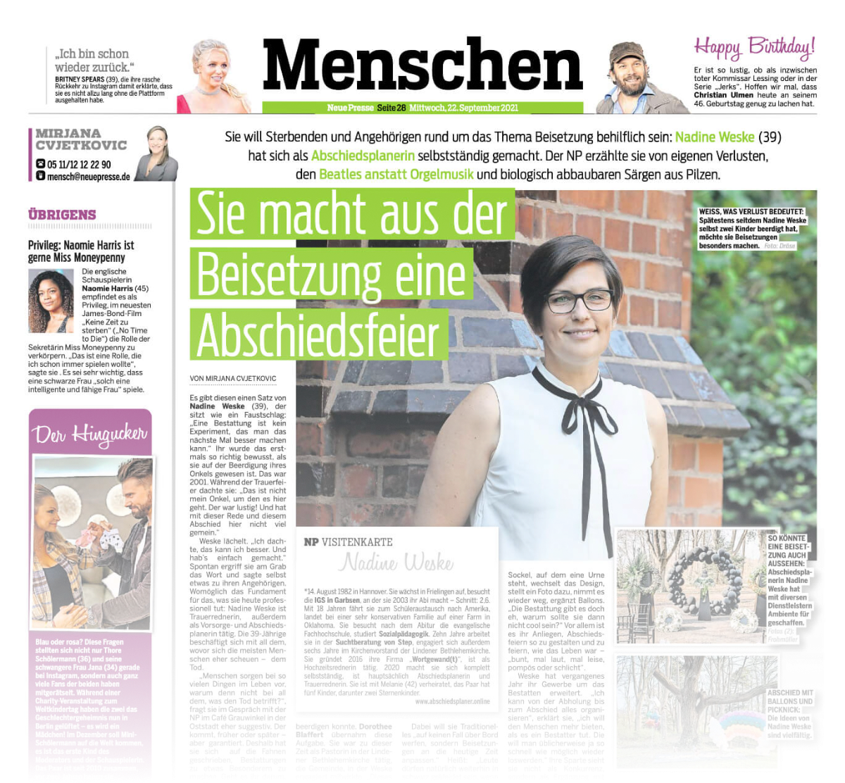 Abschiedsplaner in der Neuen Presse Hannover
